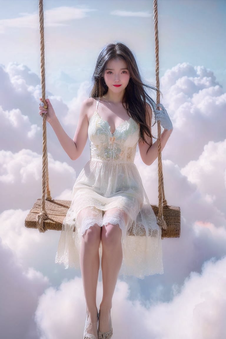 A Taiwanese girl, wearing a white off-shoulder chiffon dress, short jeans, real skin style, smiling happily, delicate skin face, the focus is on the girl sitting on a swing suspended in the air, swinging, there is a big tree pole covered with colorful beautiful flowers, petals flying around, clouds and mist lingering around, toes almost touching the sea of ​​clouds, breeze blowing her hair. The world is vast, the sun is warm, the beautiful scenery of mountains and seas in front of her fills her heart with tranquility and leisure, panoramic appearance, wide-angle lens shooting from bottom to top.