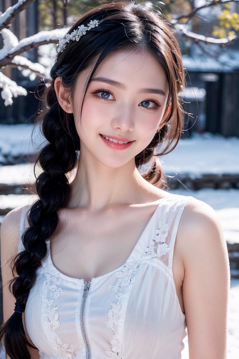 A Taiwanese girl, (realism: 1.2), analog photography style, dreamy snow scene, short black and gray braided hair, full body, soft natural light, cute and sexy smiling, happy, detailed face and blue eyes, high quality, masterpiece, detailed northern mid-autumn night background with a big moon, Chinese style mid-autumn festival atmosphere, quality: 16K, original photo face, real skin effect, clear facial features, majestic bust, analog photography style, dreamy snow scene, short black and gray braided hair, full body, soft natural light, cute and sexy, happy, detailed face and blue eyes, high quality, masterpiece, detailed northern background, quality: 16K, original photo