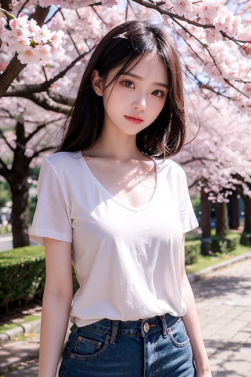 A Taiwanese girl, wearing a short T-shirt and short jeans, 
dries clothes under a cherry blossom tree in spring, petals are flying, the camera is shooting from bottom to top, real skin style, delicate face, majestic bust, the background presents an ethereal and extraordinary feeling.