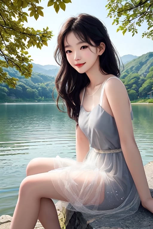 A Korean girl, wearing gray and white tulle, with a delicate face, real style, exquisite facial features, happy smile, sitting by the lake quietly enjoying life, the wind chimes in the wind are so light,
 You listen to the sound of the wind,
 I feel myself gradually rippling,
 It is more comfortable than fallen leaves and more tranquil than lake water.