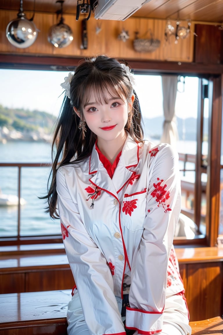 A Taiwanese girl, real skin style, delicate face, happy smile, majestic bust, stretching with arms outstretched, wearing black, white and red silk pajamas, in a sea view room facing the blue sea, the first row of sea view, the ethereal and poetic moment of sunlight and sailboats interweaving, bokeh style, the background presents a warm twilight of autumn maple forest.