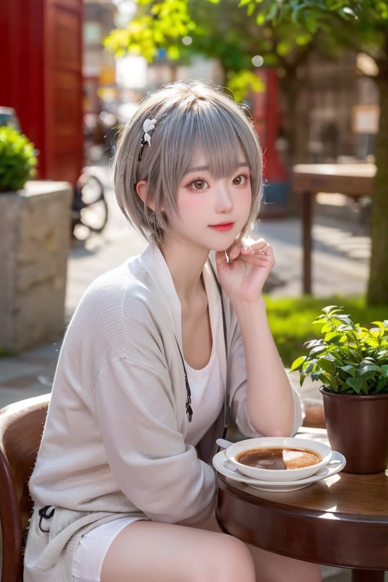 A contemporary color photo of a young Taiwanese girl sitting at an indoor coffee table, with real skin effects, short grey hair, clear facial features, a majestic bust, solo, she is wearing a white cardigan without buttons and high white boots on her feet. Her pose is relaxed, with one leg crossed over the other. The background shows the environment of a modern outdoor coffee shop, including chairs, tables and green plants. The background seems to be a soft shadow under the sunlight, suggesting daytime. On the table there is a cup, saucer and a dessert cup on a wooden tabletop. This composition captures a casual but intimate moment in a trendy urban environment.