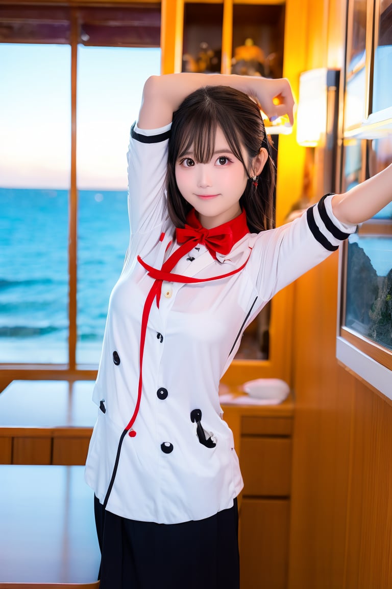 A Taiwanese girl, real skin style, delicate face, happy smile, majestic bust, stretching with arms outstretched, wearing black, white and red silk pajamas, in a sea view room facing the blue sea, the first row of sea view, the ethereal and poetic moment of sunlight and sailboats interweaving, bokeh style, the background presents a warm twilight of autumn maple forest.