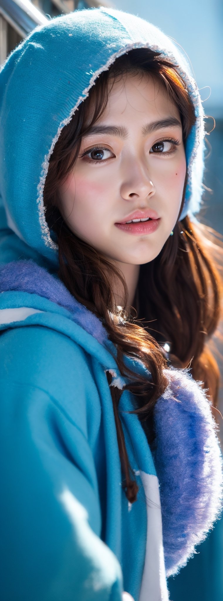 vibrant colors, a korean beauty, masterpiece, sharp focus, best quality, depth of field, cinematic lighting, (illustration, 8k , extremely detailed), masterpiece, ultra-detailed, long hair, looking at viewer, bangs, long sleeves, dress, jewelry, purple eyes, white hair, parted lips, hood, wide sleeves, black dress, index finger raised, hood up, robe, crystal, stairs, hooded cloak,idol,beauty