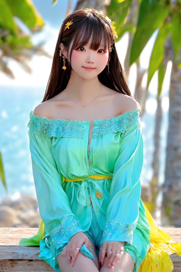 A Taiwanese girl, with real skin style, delicate face, majestic and proud upper body, ethereal and extraordinary feeling, wearing off-shoulder chiffon silk pajamas and a dreamy coat, in a warm morning, with a shy smile in spirit, sitting on the white beach, drinking coffee, with colorful petals flying around her, watching the yellow-blue light of sunrise, the bright green fields and blue sea, enjoying the feeling of being in a paradise at the moment