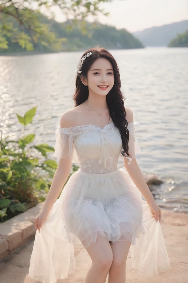 A Korean girl, wearing gray and white tulle, with a delicate face, real style, exquisite facial features, happy smile, sitting by the lake quietly enjoying life, the wind chimes in the wind are so light,
 You listen to the sound of the wind,
 I feel myself gradually rippling,
 It is more comfortable than fallen leaves and more tranquil than lake water.