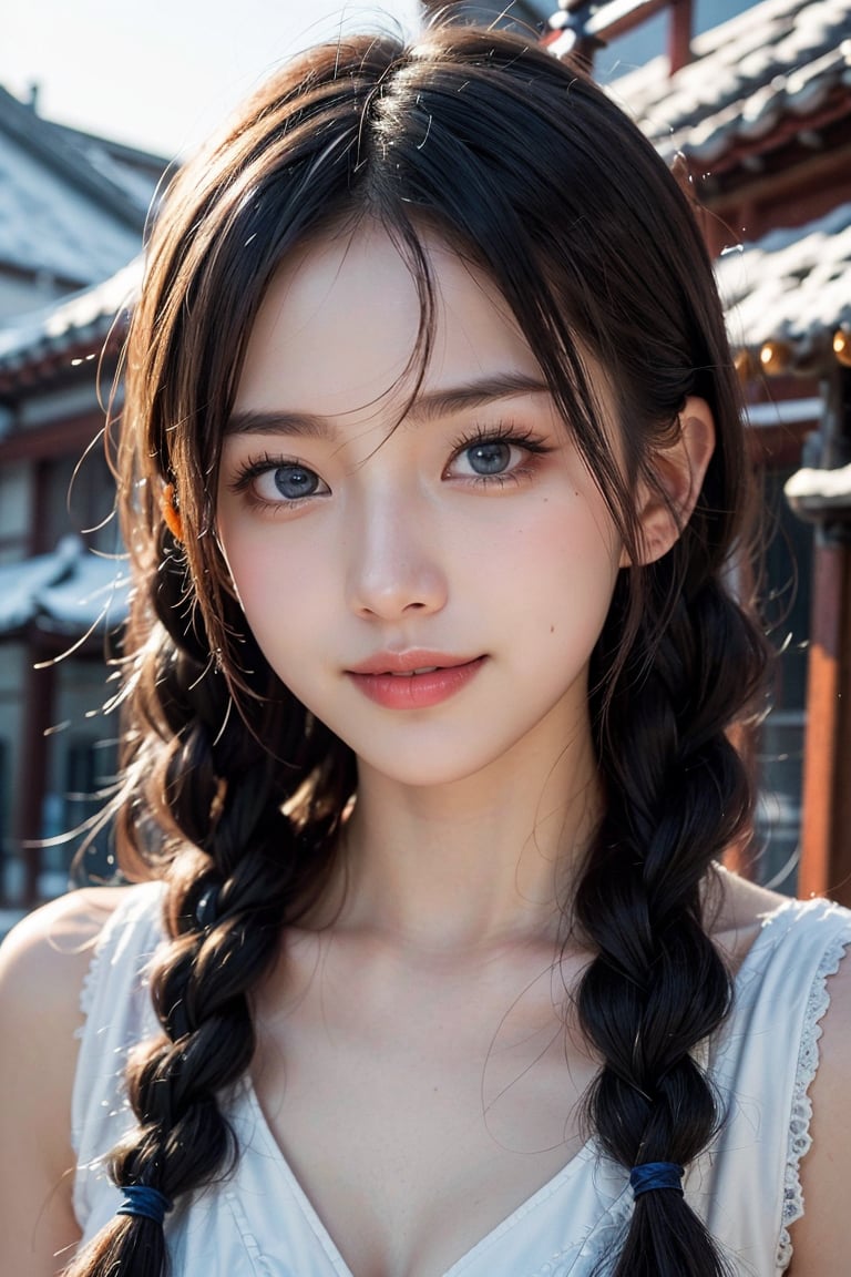 A Taiwanese girl, (realism: 1.2), analog photography style, dreamy snow scene, short black and gray braided hair, full body, soft natural light, cute and sexy smiling, happy, detailed face and blue eyes, high quality, masterpiece, detailed northern mid-autumn night background with a big moon, Chinese style mid-autumn festival atmosphere, quality: 16K, original photo face, real skin effect, clear facial features, majestic bust, analog photography style, dreamy snow scene, short black and gray braided hair, full body, soft natural light, cute and sexy, happy, detailed face and blue eyes, high quality, masterpiece, detailed northern background, quality: 16K, original photo