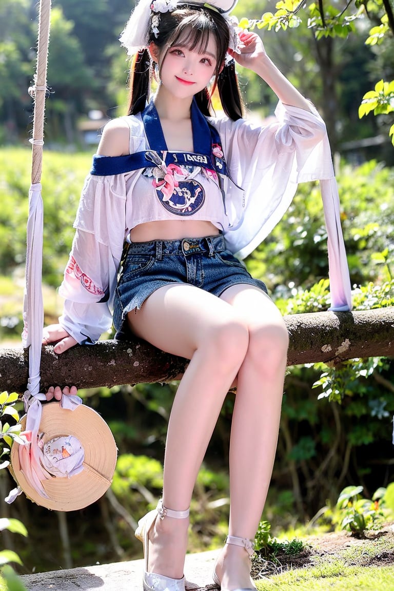 A Taiwanese girl, wearing a white off-shoulder top, short jeans, real skin style, smiling happily, delicate skin face, the focus is on the girl sitting on a swing suspended in the air, swinging on a large tree pole covered with vegetables, her toes almost touching the sea of ​​clouds, the breeze blowing her hair. The world is vast, the sun is warm, the beautiful scenery in front of her fills her heart with tranquility and leisure, panoramic view.