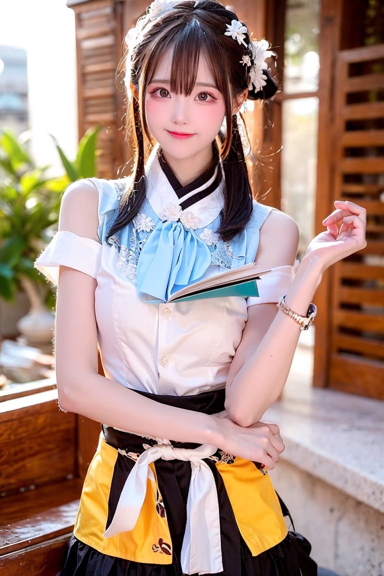 A 27-year-old Taiwanese girl, with a majestic bust, real skin style, delicate face, brown hair, cute European and Japanese girl, Internet idol, angelic face, wearing a plain stand-up collar short-sleeved shirt and a black pleated skirt, holding a book in her arms, looking pure, gentle and innocent, her squinting smiling eyes show her kindness, her expression comforts the viewer, brings joy and bright feelings, creates a beautiful day, she allows us to eliminate worries, drive away anxiety, full of positive atmosphere and energy, the background presents an ethereal and extraordinary feeling