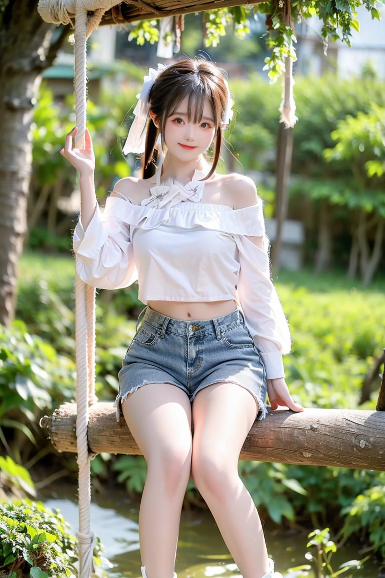 A Taiwanese girl, wearing a white off-shoulder top, short jeans, real skin style, smiling happily, delicate skin face, the focus is on the girl sitting on a swing suspended in the air, swinging on a large tree pole covered with vegetables, her toes almost touching the sea of ​​clouds, the breeze blowing her hair. The world is vast, the sun is warm, the beautiful scenery in front of her fills her heart with tranquility and leisure, panoramic view.