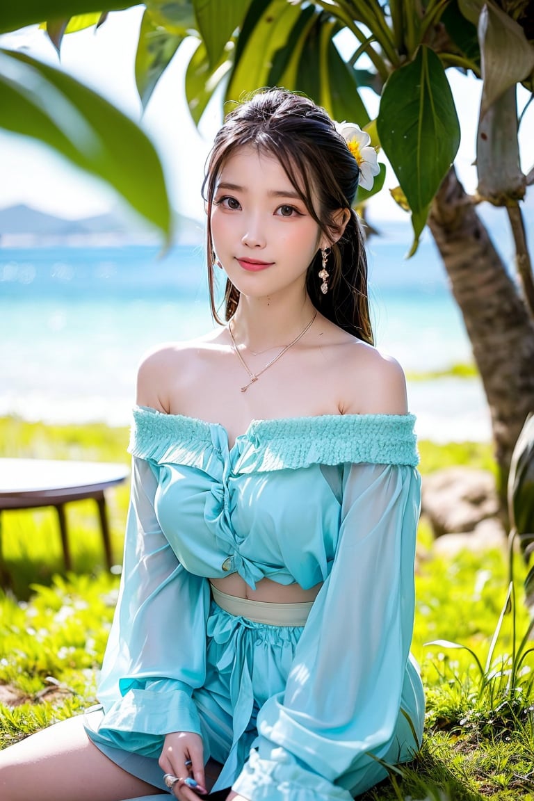 A Taiwanese girl, with real skin style, delicate face, majestic and proud upper body, ethereal and extraordinary feeling, wearing off-shoulder chiffon silk pajamas and a dreamy coat, in a warm morning, with a shy smile in spirit, sitting on the white beach, drinking coffee, with colorful petals flying around her, watching the yellow-blue light of sunrise, the bright green fields and blue sea, enjoying the feeling of being in a paradise at the moment