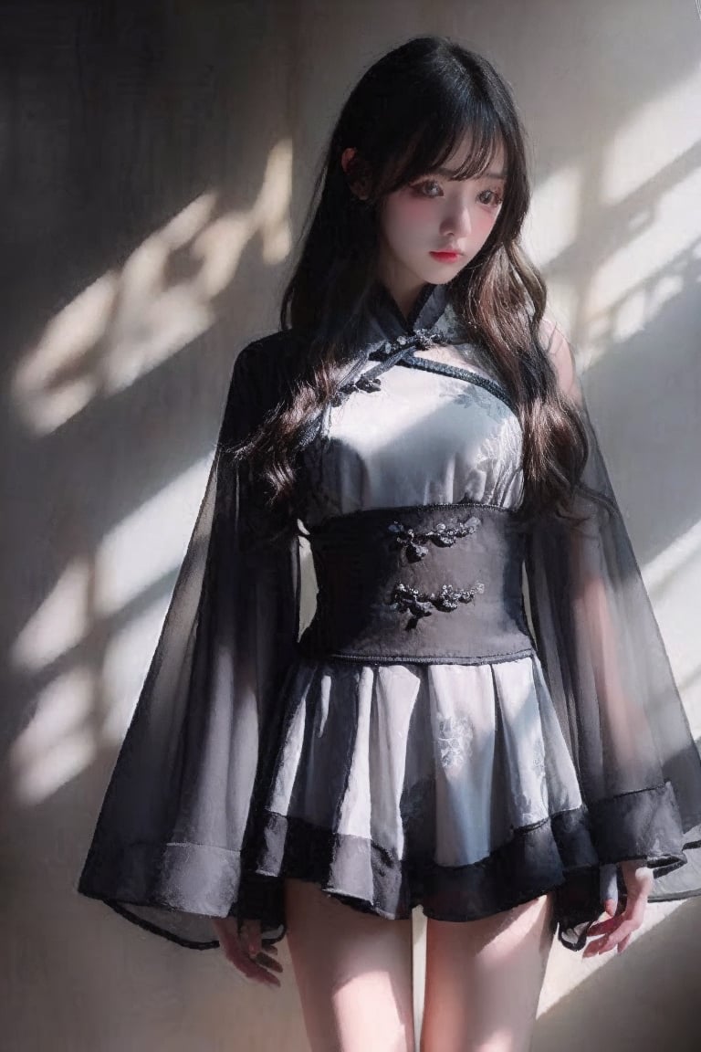 A Taiwanese girl,  wearing a black and gray short ancient cheongsam beautiful girl costume,  model style by bspc on Tensor...