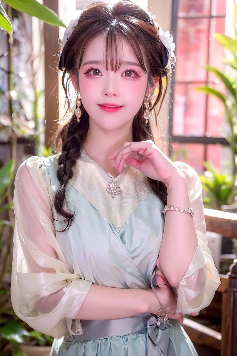 A 27-year-old Taiwanese girl, with a majestic bust, real skin style, delicate face, brown hair, cute European and Japanese girl, Internet idol, angelic face, wearing a plain stand-up collar short-sleeved shirt and a black pleated skirt, holding a book in her arms, looking pure, gentle and innocent, her squinting smiling eyes show her kindness, her expression comforts the viewer, brings joy and bright feelings, creates a beautiful day, she allows us to eliminate worries, drive away anxiety, full of positive atmosphere and energy, the background presents an ethereal and extraordinary feeling