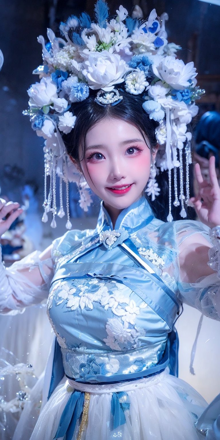 A Taiwanese girl, wearing a stunning blue and white porcelain costume, with real skin effects, clear facial features, and a majestic bust, performing solo, smiling happily, full-body photo, surrounded by clouds and mist, posing in different dance poses, swinging her body, forming a whirlwind effect, and the background presents a blue backlit, ethereal and extraordinary feeling.