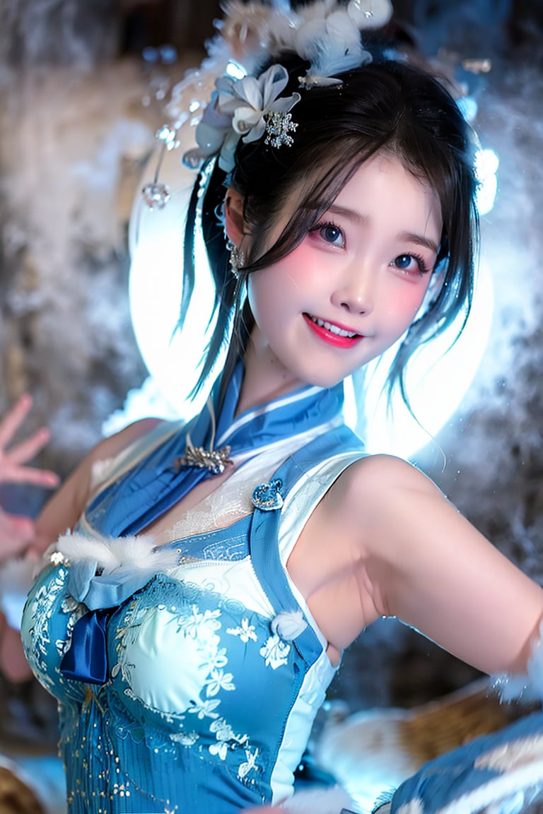 A Taiwanese girl, wearing a stunning blue and white porcelain costume, with real skin effects, clear facial features, and a majestic bust, performing solo, smiling happily, full-body photo, surrounded by clouds and mist, posing in different dance poses, swinging her body, forming a whirlwind effect, and the background presents a blue backlit, ethereal and extraordinary feeling.