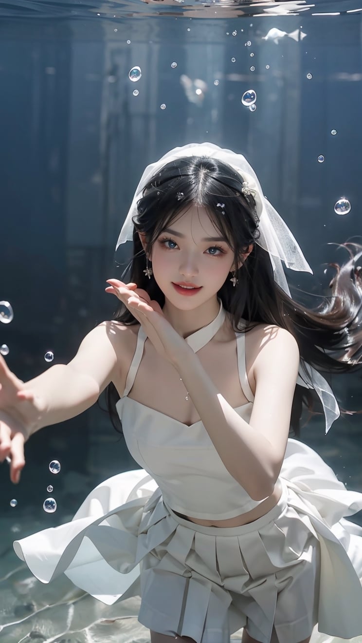 1girl, a Korean girl and Korean boy band, wearing a white gauze skirt, real-life fantasy photos, exquisite faces, the water surface splits two pictures, clearly photographing the underwater scenery of the characters, luminous particles fill the entire picture, starlight skirt, held up from the water The bride is getting up, the bride is smiling happily and has bright blue eyes,underwater,yushui,ink painting