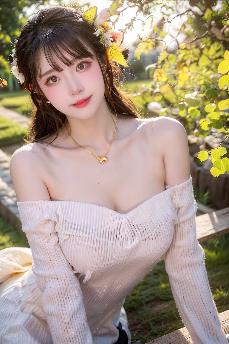 A Taiwanese beauty, with a majestic and proud bust, full and round, real skin effect, clear focus, delicate face, happy smile, sitting alone by the paddy field, on a low wooden table under a maple tree, drinking tea, enjoying the pastoral scenery, delicate light and shadow details, yellow fallen leaves all around her, golden light and shadow