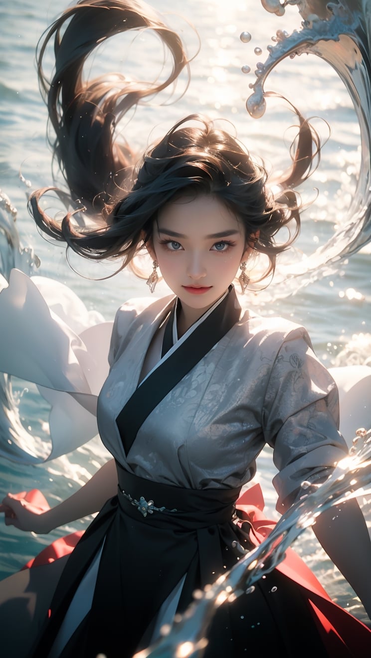 1girl, a Korean girl and Korean boy band, wearing a white gauze skirt, real-life fantasy photos, exquisite faces, the water surface splits two pictures, clearly photographing the underwater scenery of the characters, luminous particles fill the entire picture, starlight skirt, held up from the water The bride is getting up, the bride is smiling happily and has bright blue eyes,underwater