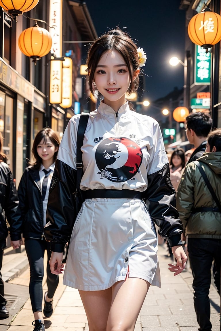 A Taiwanese girl, wearing a white MOYCL uniform and a flight jacket with the Taiwanese flag printed on it, walking on the street with a smile, real skin, delicate white face, a black background with a big moon and the font Happy Mid-Autumn Festival, bright, and "MOYCL FRIENDS" written in sweet love fonts.