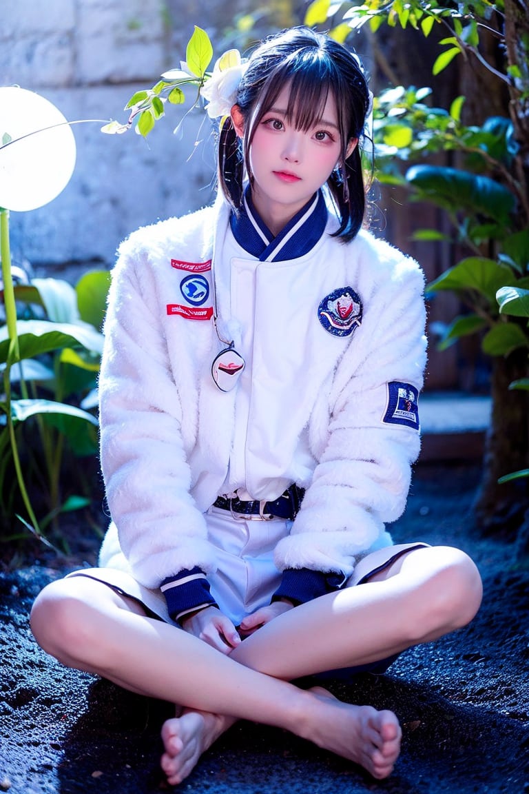 A Taiwanese man, wearing a white flight jacket with the Taiwanese flag printed on it, real skin style, exquisite skin, began to retreat, sitting cross-legged to rest his body with his hands in lotus position, the background is the cosmic blue backlight, the ethereal environment, and there are white spirits around him