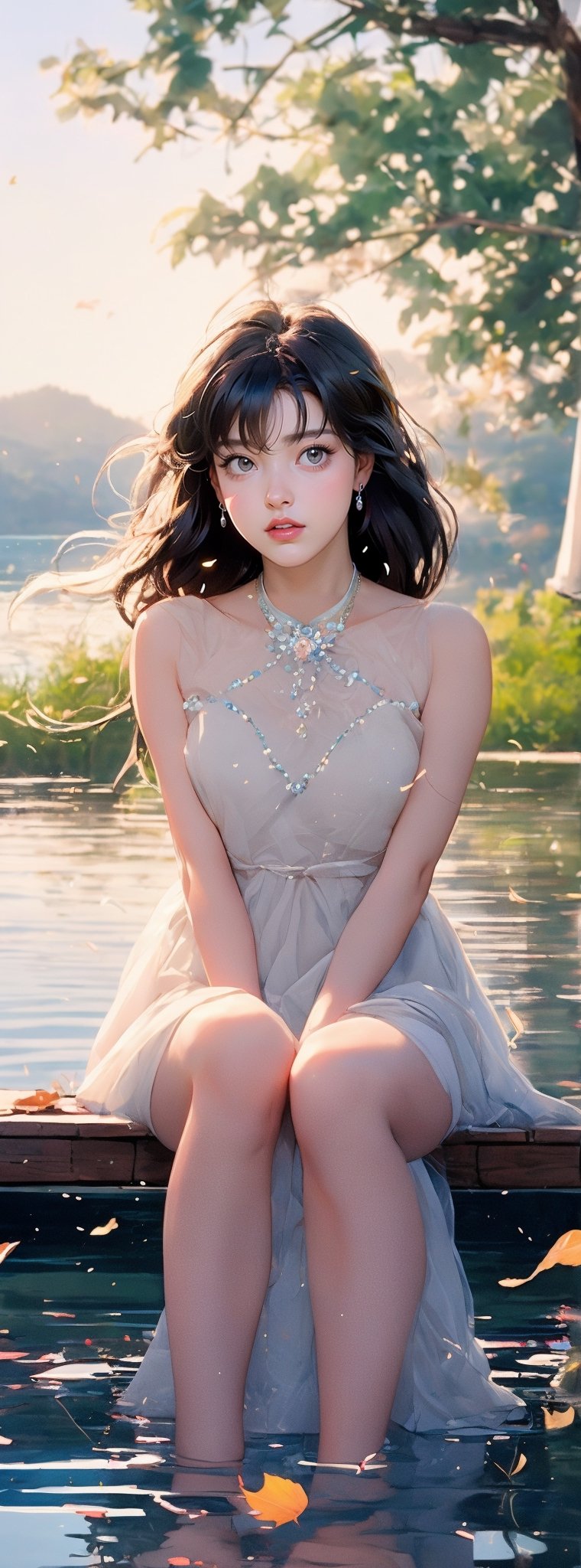 A Korean girl, wearing gray and white tulle, with a delicate face, real style, exquisite facial features, happy smile, sitting by the lake quietly enjoying life, the wind chimes in the wind are so light,
 You listen to the sound of the wind,
 I feel myself gradually rippling,
 It is more comfortable than fallen leaves and more tranquil than lake water.