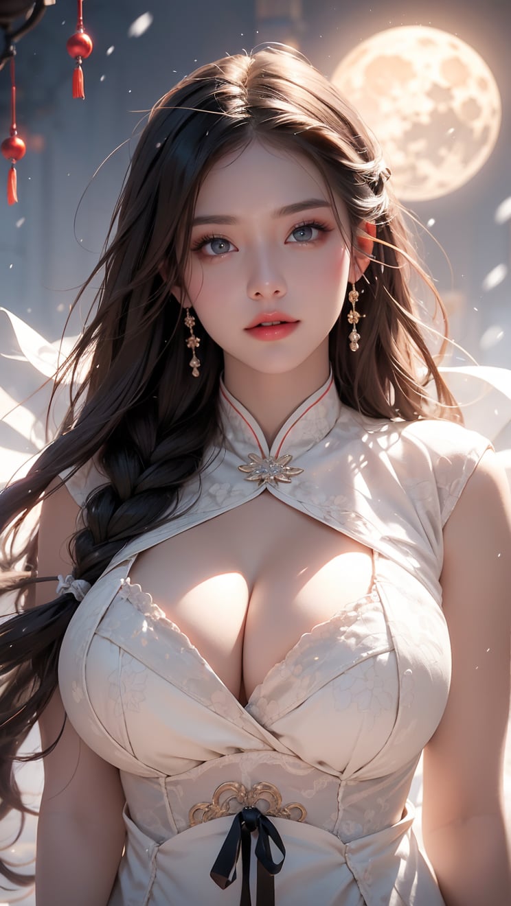 A Taiwanese girl, (realism: 1.2), analog photography style, dreamy snow scene, short black and gray braided hair, full body, soft natural light, cute and sexy smiling, happy, detailed face and blue eyes, high quality, masterpiece, detailed northern mid-autumn night background with a big moon, Chinese style mid-autumn festival atmosphere, quality: 16K, original photo face, real skin effect, clear facial features, majestic bust, analog photography style, dreamy snow scene, short black and gray braided hair, full body, soft natural light, cute and sexy, happy, detailed face and blue eyes, high quality, masterpiece, detailed northern background, quality: 16K, original photo