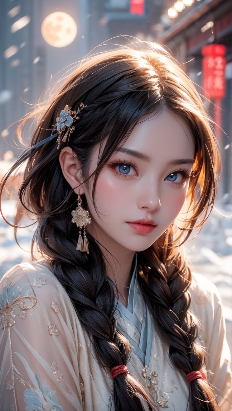 A Taiwanese girl, (realism: 1.2), analog photography style, dreamy snow scene, short black and gray braided hair, full body, soft natural light, cute and sexy smiling, happy, detailed face and blue eyes, high quality, masterpiece, detailed northern mid-autumn night background with a big moon, Chinese style mid-autumn festival atmosphere, quality: 16K, original photo face, real skin effect, clear facial features, majestic bust, analog photography style, dreamy snow scene, short black and gray braided hair, full body, soft natural light, cute and sexy, happy, detailed face and blue eyes, high quality, masterpiece, detailed northern background, quality: 16K, original photo