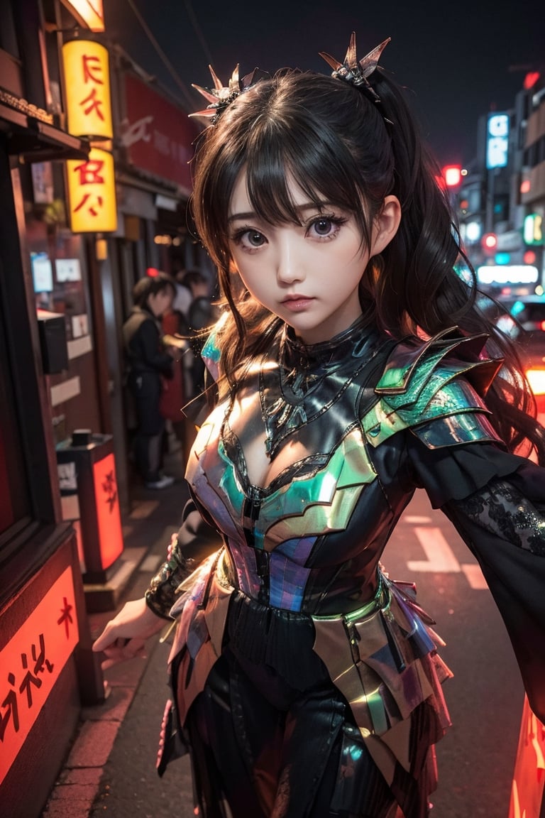 1 girl, (front view), wavy_hair, ponytails, long_sleeves, hair_accessories, night, neon_light, tokyo_vibes cityscape, front-view, from_below, long_dress, black colorful dragon suit, armored, transparent armor, blurry_background, ultra high res,photorealistic:.1.4,uhd, (perfect_fingers:1.0), (perfect_legs:1.0), better_hands, More_Detail, (normal head size),yui