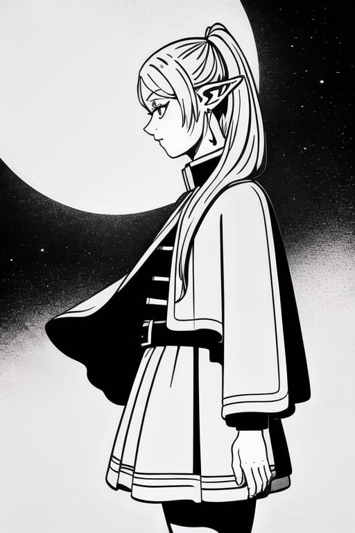 (masterpiece, best quality), BlackworkStyleManityro, , greyscale, monochrome, 1girl, from side, profile, moon, starry sky,BlackworkStyleManityro,shirt, long sleeves, jewelry, pantyhose, earrings, striped, black pantyhose, capelet, striped shirt,frieren, long hair, twintails, grey hair, pointy ears, elf,white background, fighting_stance