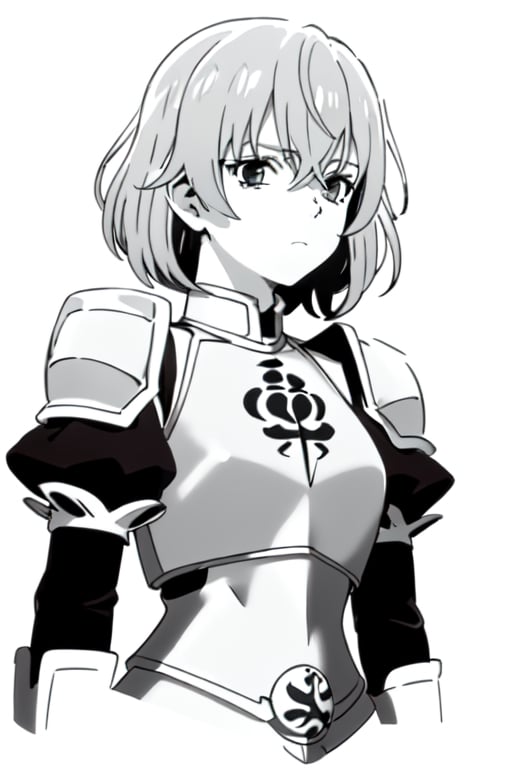 BlackworkStyleManityro,  greyscale, monochrome, white background, rutiragnason,short hair, breastplate, armored dress, single pauldron, detached sleeves, 