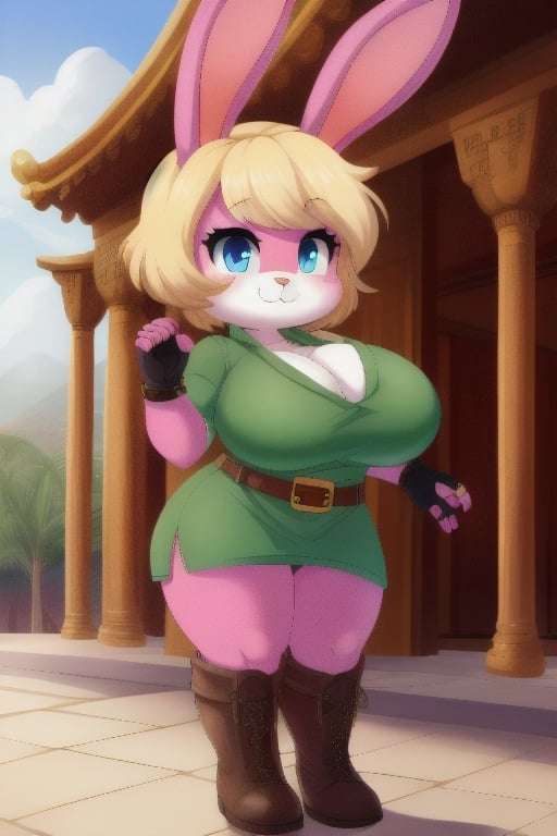 1 girl, green tunic, furry, bunny girl, animal ears, short blond hair, large breasts, brown belt, left-handed, boots, fingerless gloves, :3, short, cute, pink fur, vibrant pink, blue eyes, bunny ears, solo, temple background, shortstack, joaoppereiraus