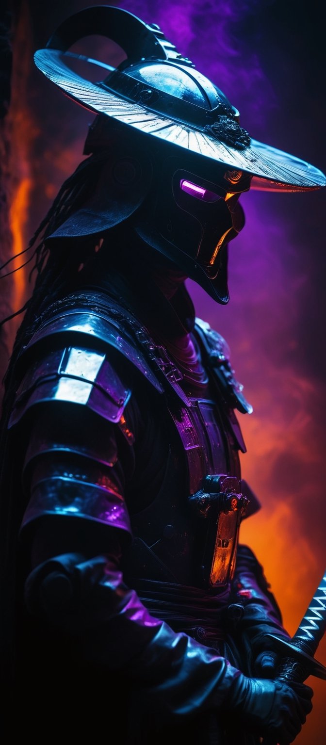 Red and Grey color graded glamour portrait photo of an Cyborg Samurai,  macro,  a captivating vibrant dark neon capturing...