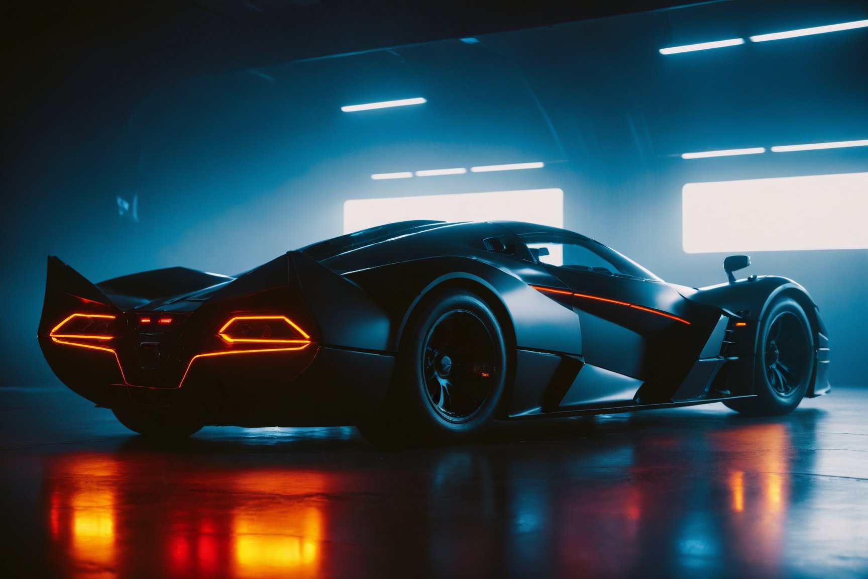 cinematic film still breathtaking (Futuristic Black-Batmobile),side view,intricate details,
in a white-showroom,
bright neon lights,
multicolored lights.
vivid colors, vivid contrast, bold colors, 
white paved road . award-winning, professional, highly detailed . shallow depth of field, vignette, highly detailed, high budget, bokeh, cinemascope, moody, epic, gorgeous, film grain, grainy