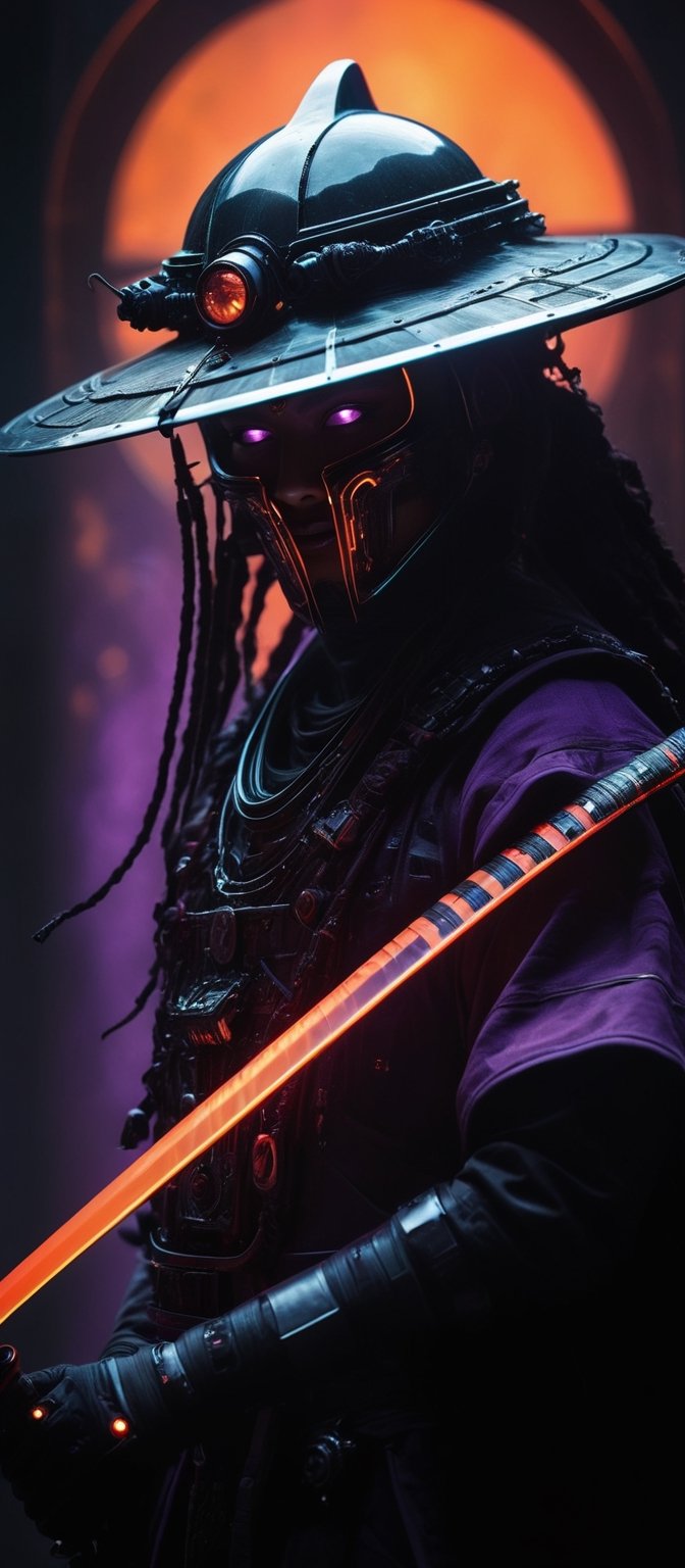 Red and Grey color graded glamour portrait photo of an Cyborg Samurai,  macro,  a captivating vibrant dark neon capturing...