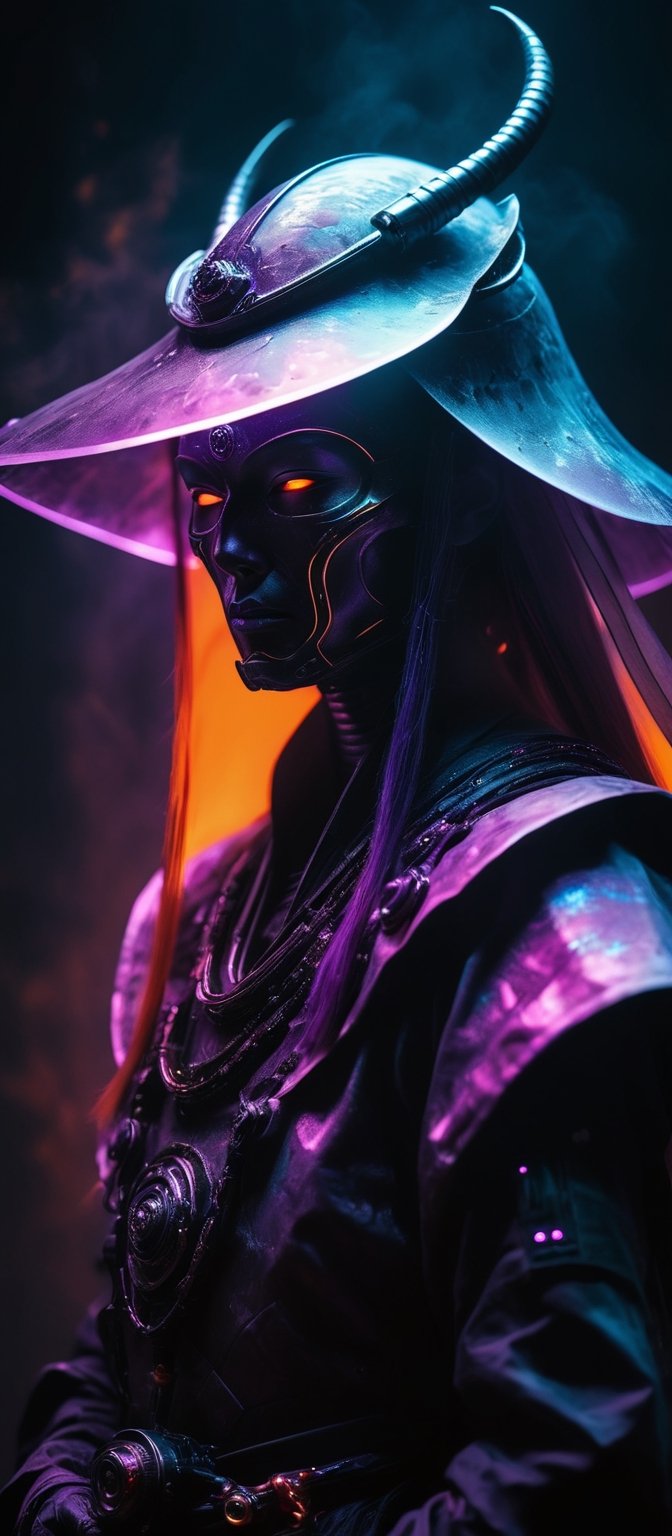 Red and Grey color graded glamour portrait photo of an Cyborg Samurai,  macro,  a captivating vibrant dark neon capturing...