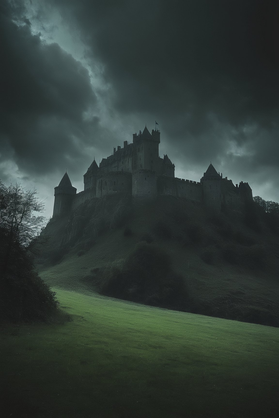 ArsGreenMistWorld, Landscape, castle in the background, ominous, no people