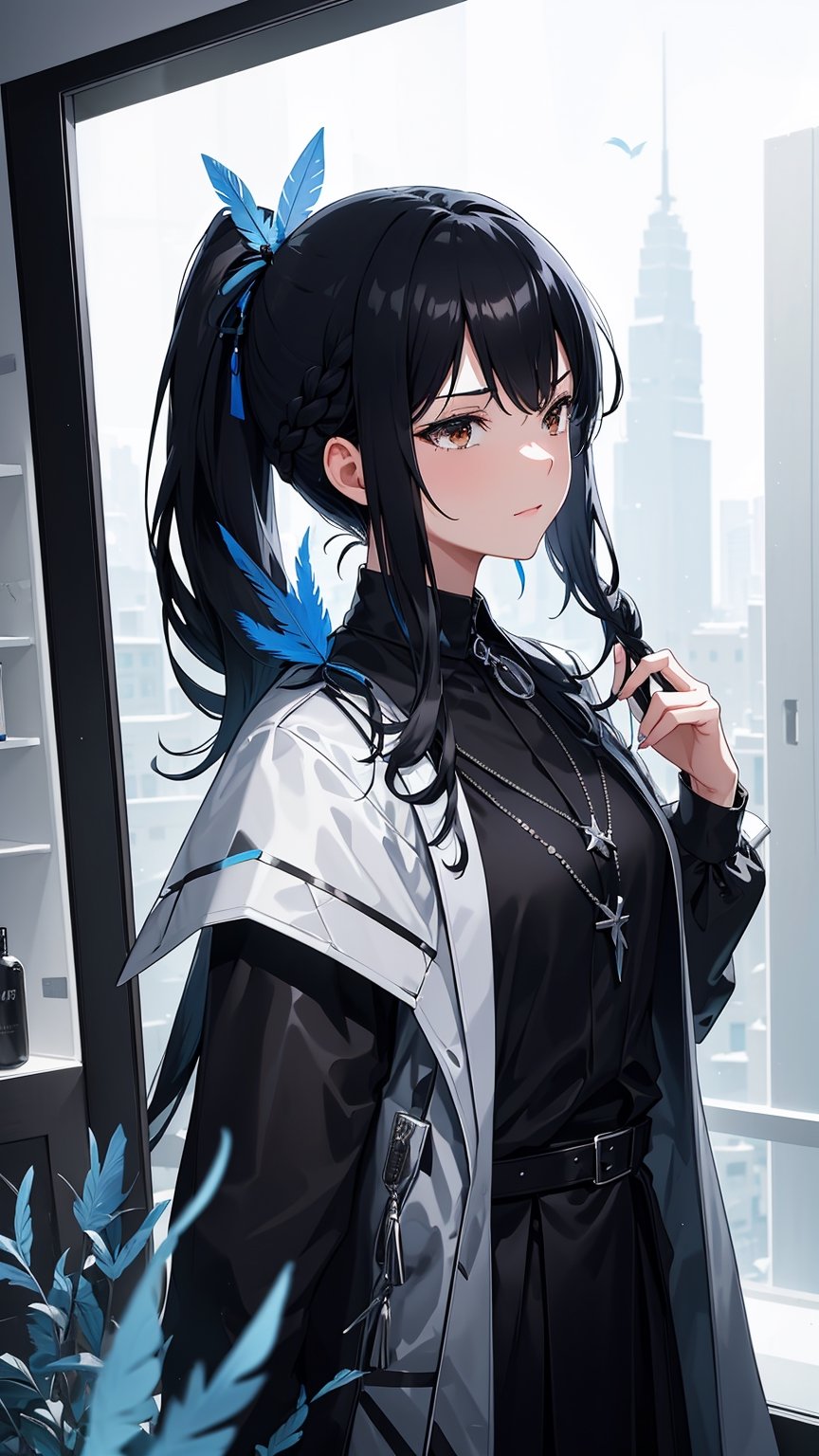 ,//Quality,
Masterpiece, Best Quality, Detailed, (Depth Of Field:1.2), Depth_Of_Field, Light Particles
,//Character,
1girl, Solo, Pissed Off Facial, Light Smirk, Black Long Hair, ((Black Hair Colour)), From Above, Black_Black_Black Hair, Shiny Hair, Brown Eyes, ((Brown Eyes)), Side_High_Ponytail, High Ponytail, Side Braids, Medium Chest, ((Medium Chest))
,//Fashion,
Blue Feather Necklace, Black jacket, Black_Black_White Jacket, Black_Black_White Hoodie, (Blue Feather Garment)), Draped In A Jacket Crafted Entirely From A Myriad Of Blue Feather,  Blue Feather
,//Background,
Gigantic Turtle City
,//Others,
Void volumes, Side view, Holding_Blue_White_Vial , ((wlop)), showcase glass,yandere,mirror