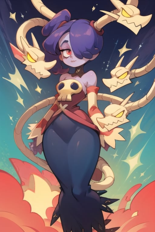 highly detailed, HD quality, solo,
((squigly)), (hair over eye:1.3), dress, purple dress, skull, breasts, looking at viewer, rich colors, vibrant colors, detailed eyes, perfect anatomy, perfect body, perfect hands, perfect fingers, complex details, reflective hair, ((wide hips)), small breast, curvy body, wearing long dress, sexy pose, erotic, tout dress, striped shocks