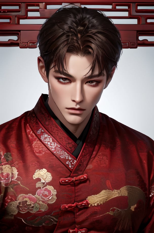 masterpiece, best quality, 8k resolution, a great king with a handsome face and a very strong body, dark hair and dark purple eyes,very cool ancient Chinese clothes 