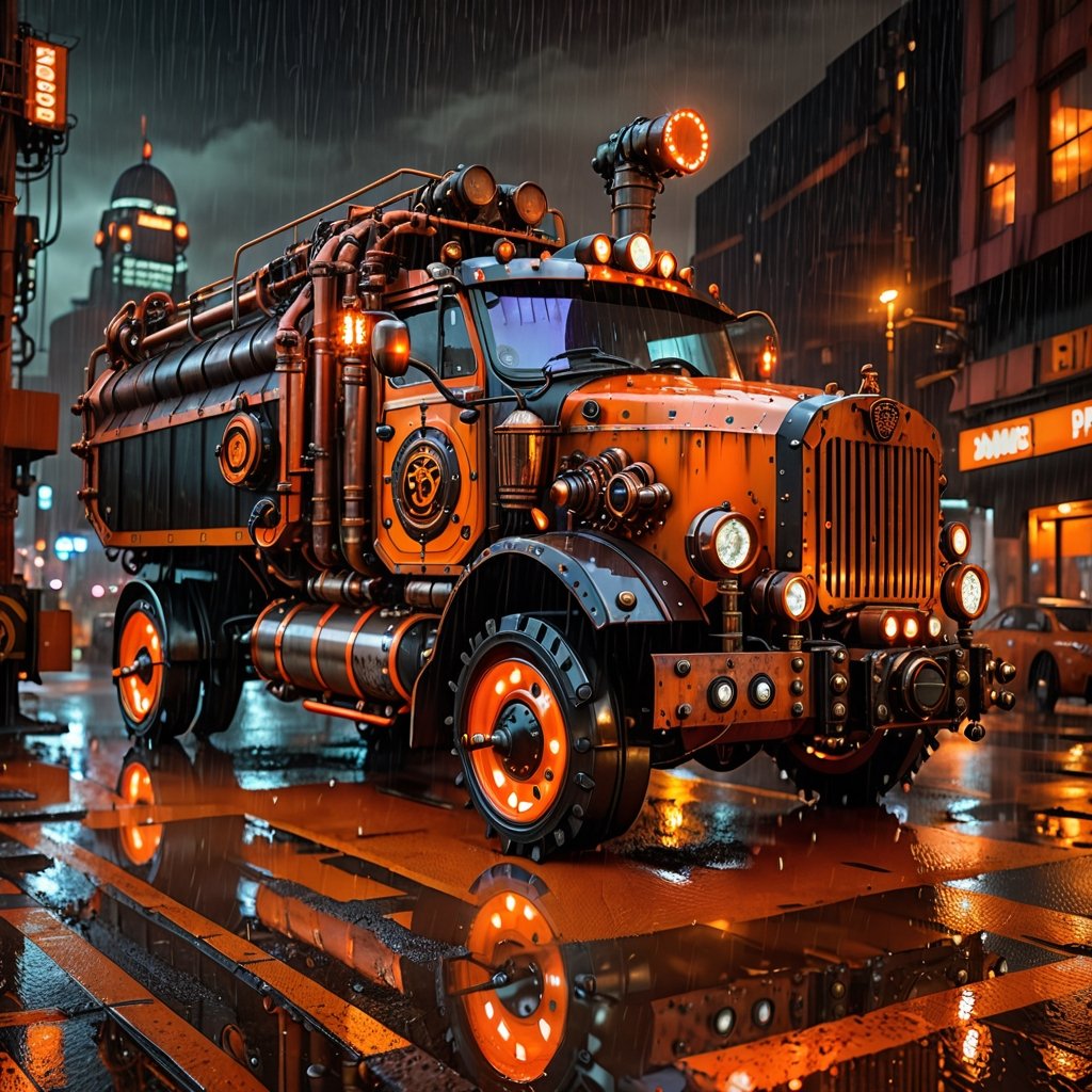 Steampunk Dump truck bathed in orange and black hues, "DUMP" signal illuminated atop, set against a rain-drenched Cyberpunk cityscape at night, captured with photorealistic quality, UHD resolution, and cinematic lighting emphasizing the steampunk aesthetic, volumetric rain effects, glistening reflective surfaces, steam emanating from pipes, ultra-fine textures, cybernetic augmentation, steampunk style,steampunk style,steampunk