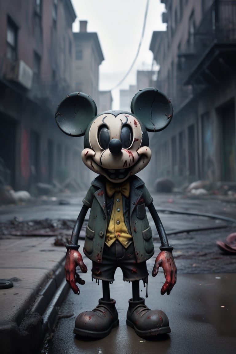 Mickey mouse zombie, earting a brain, in a post-apocalyptic city (best quality,4k,8k,highres,masterpiece:1.2), ultra-detailed, (realistic,photorealistic,photo-realistic:1.37), horror, portraits, vibrant colors, dramatic lighting, decaying city, eerie atmosphere, crumbling buildings, foggy streets, dilapidated cars, broken windows, abandoned toys, hauntingly beautiful, haunting shadows, dark alleys, flickering streetlights, twisted Mickey ears, tattered clothing, menacing smile, bloodshot eyes, decaying flesh, gnarled hands, creepy crawlies, zombie apocalypse, brain feast, macabre scenery.