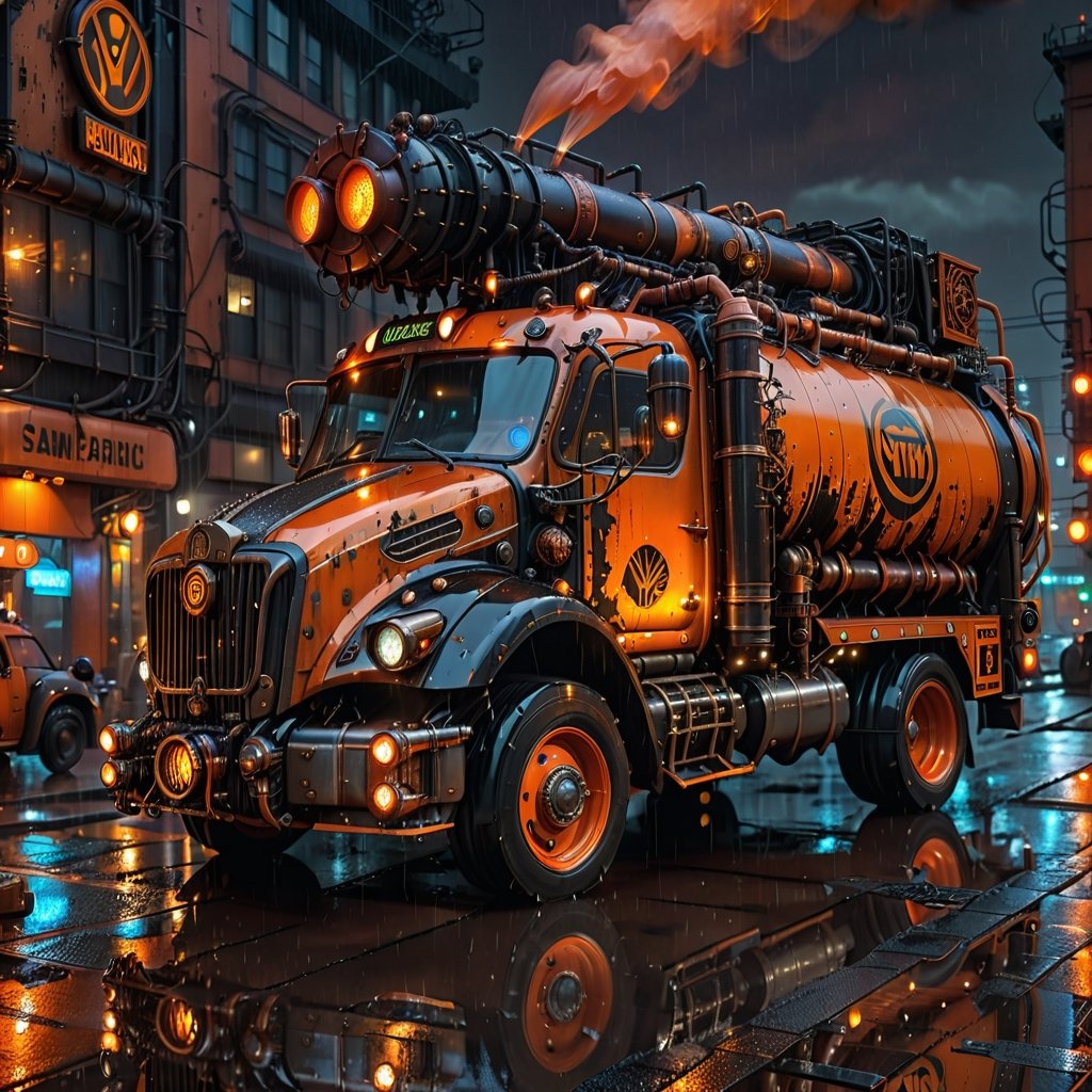 Steampunk garbage truck bathed in orange and black hues, "DUMP" signal illuminated atop, set against a rain-drenched Cyberpunk cityscape at night, captured with photorealistic quality, UHD resolution, and cinematic lighting emphasizing the steampunk aesthetic, volumetric rain effects, glistening reflective surfaces, steam emanating from pipes, ultra-fine textures, cybernetic augmentation, steampunk style,steampunk style,steampunk