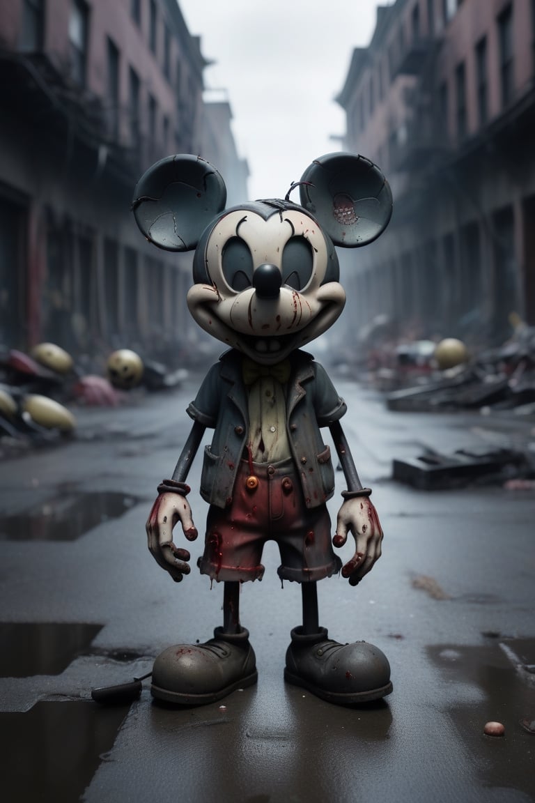 Mickey mouse zombie, earting a brain, in a post-apocalyptic city (best quality,4k,8k,highres,masterpiece:1.2), ultra-detailed, (realistic,photorealistic,photo-realistic:1.37), horror, portraits, vibrant colors, dramatic lighting, decaying city, eerie atmosphere, crumbling buildings, foggy streets, dilapidated cars, broken windows, abandoned toys, hauntingly beautiful, haunting shadows, dark alleys, flickering streetlights, twisted Mickey ears, tattered clothing, menacing smile, bloodshot eyes, decaying flesh, gnarled hands, creepy crawlies, zombie apocalypse, brain feast, macabre scenery.