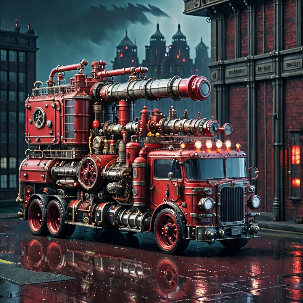 A Steampunk fire truck, red, siren, ligths, pipes and details,  ((red signal on top)), Cyberpunk city, rain, nigth, photorealistic, UHD, cinematic lighting, steampunk style,steampunk style,steampunk,ste4mpunk