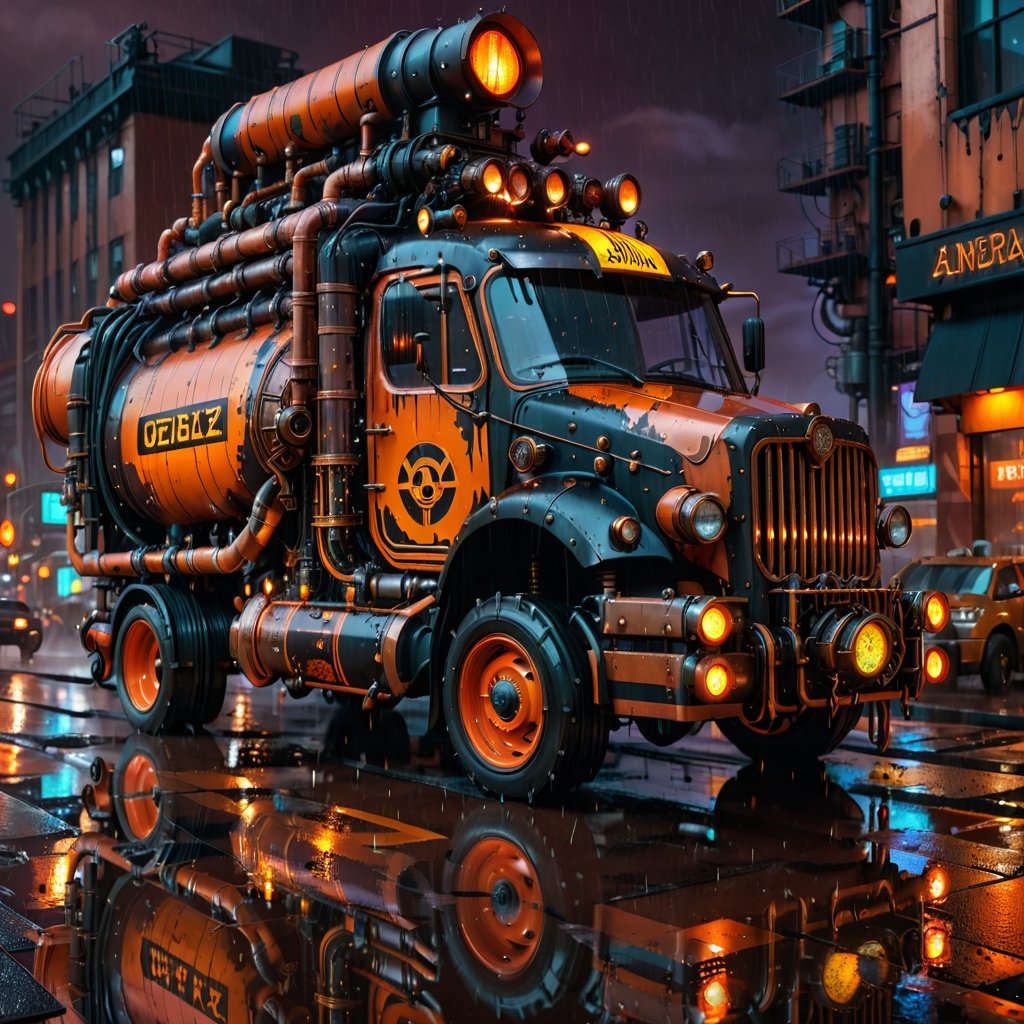 Steampunk waste truck bathed in orange and black hues, "DUMP" signal illuminated atop, set against a rain-drenched Cyberpunk cityscape at night, captured with photorealistic quality, UHD resolution, and cinematic lighting emphasizing the steampunk aesthetic, volumetric rain effects, glistening reflective surfaces, steam emanating from pipes, ultra-fine textures, cybernetic augmentation, steampunk style,steampunk style,steampunk