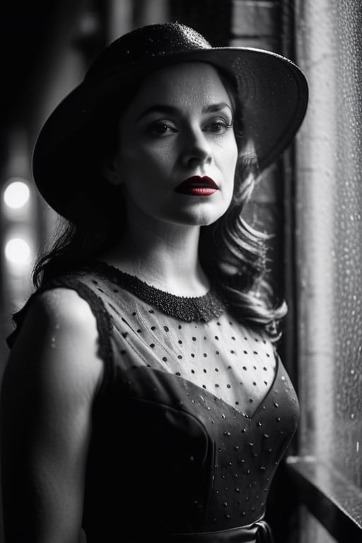 A hauntingly beautiful,((black and white)),portrait,film noir-inspired photograph of a mysterious,beautiful woman,standing in front of a dimly lit,rain-soaked alleyway. BREAK
She's wearing a tight (red) dress,lipstick and long gloves,her features obscured by a striking,wide-brimmed hat,casting eerie shadows across her face. The rain drops on the windowpane behind her blur the scene slightly,adding to the moody,atmospheric feel of the image.,
high contrast,cinematic lighting,8k,RAW photo,highest quality,,photo r3al,Extremely Realistic