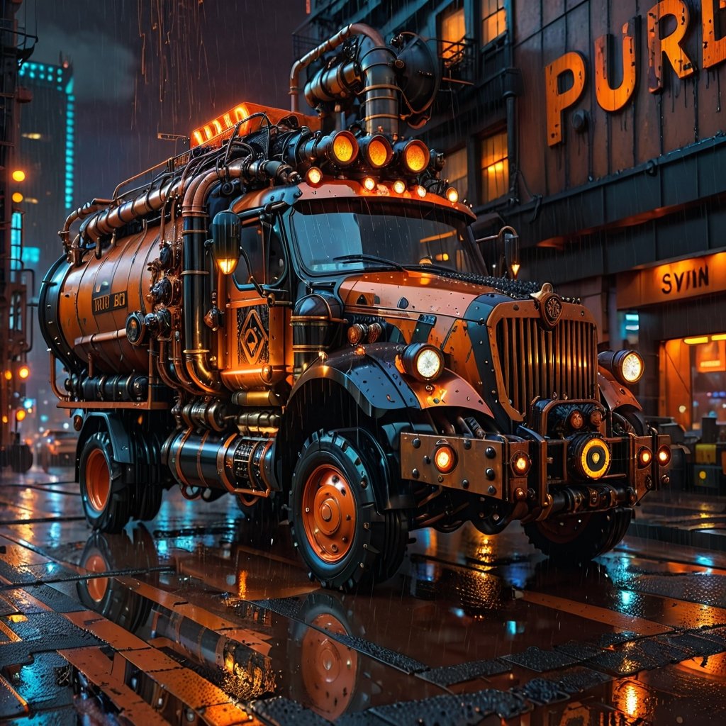 Steampunk Dump truck bathed in orange and black hues, "DUMP" signal illuminated atop, set against a rain-drenched Cyberpunk cityscape at night, captured with photorealistic quality, UHD resolution, and cinematic lighting emphasizing the steampunk aesthetic, volumetric rain effects, glistening reflective surfaces, steam emanating from pipes, ultra-fine textures, cybernetic augmentation, steampunk style,steampunk style,steampunk