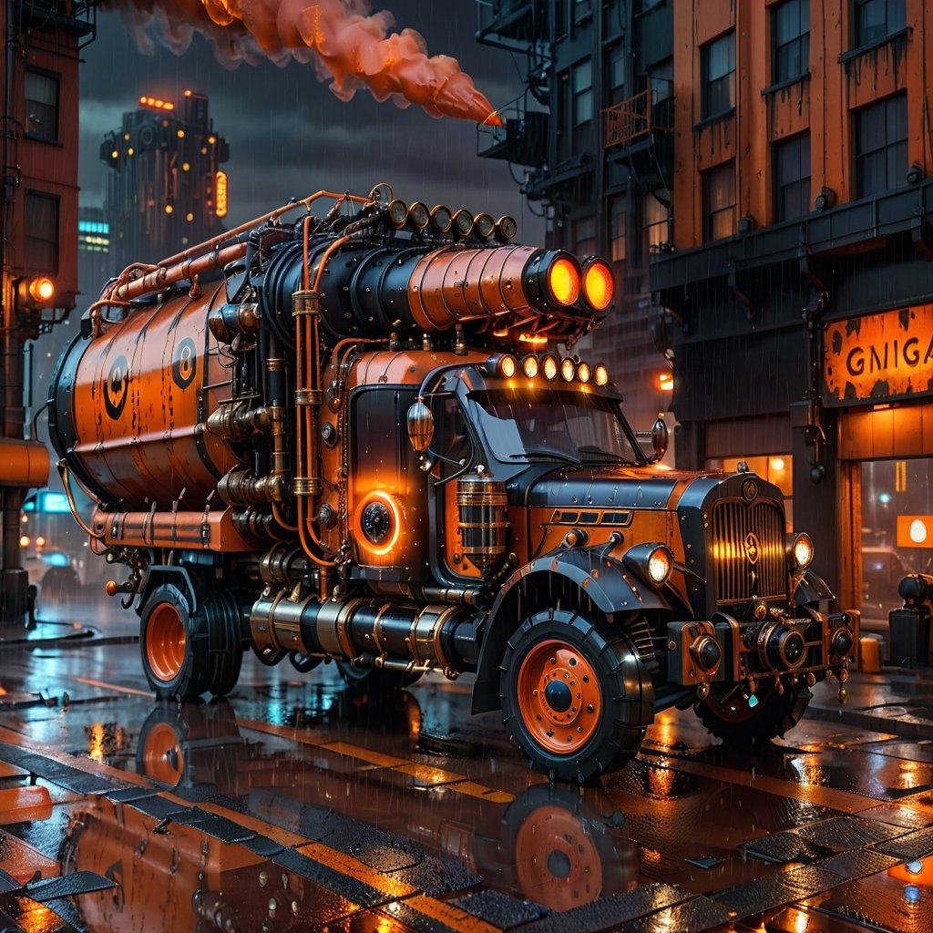 Steampunk Dump truck bathed in orange and black hues, "DUMP" signal illuminated atop, set against a rain-drenched Cyberpunk cityscape at night, captured with photorealistic quality, UHD resolution, and cinematic lighting emphasizing the steampunk aesthetic, volumetric rain effects, glistening reflective surfaces, steam emanating from pipes, ultra-fine textures, cybernetic augmentation, steampunk style,steampunk style,steampunk