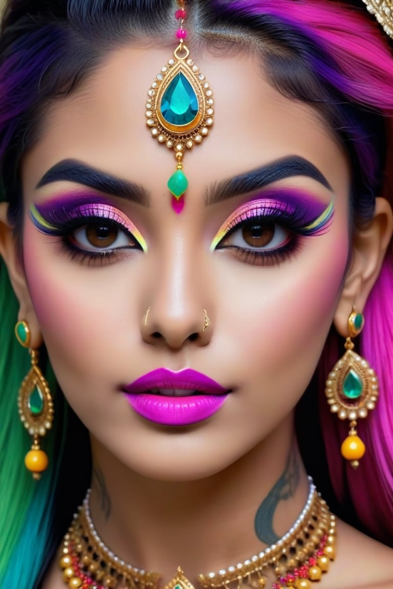 Photorealistic, Photo of Indian woman, colorful hair, huge eyelashes, huge bold eyelines, neon bold eyeshadows, high quality, colorful tattoos, huge earrings,photorealistic, 18k