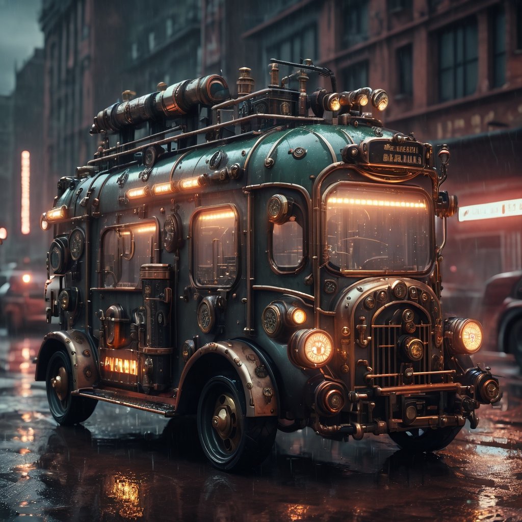 A Steampunk style ambulance, pipes and details,  (("AMBULANCE" signal on top)), Cyberpunk city, rain, nigth, photorealistic, UHD, cinematic lighting, steampunk style